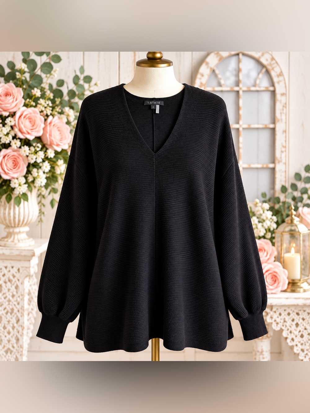 1.STATE Black Ribbed V-Neck Sweater Large Balloon Sleeve NWT